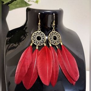 Dreamcatcher Red Feather Droplet Earrings